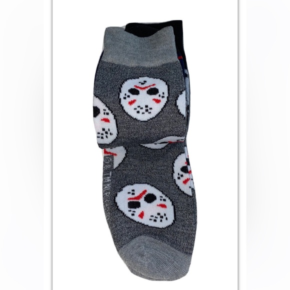 Friday The 13th Crew Socks 2 Pair Men 8-12 Black Gray Mask Jason Voorhees Horror - Picture 10 of 12
